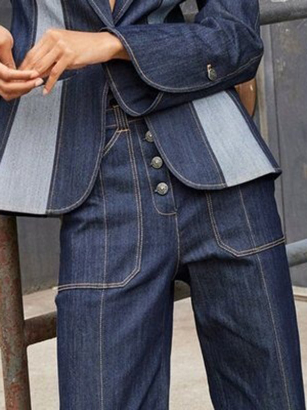 Contrast Color Split-Joint High Waisted Straight Leg Jean Pants Bottoms