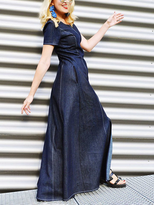 Pockets Split-front Split-Joint Zipper A-line Loose Round-neck Maxi Dresses