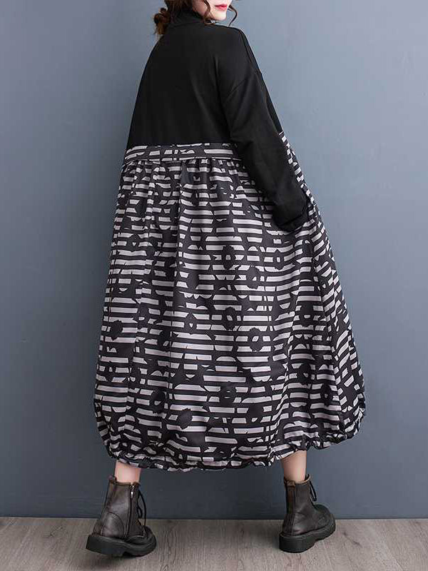 Drawstring Printed Split-Joint Zipper Long Sleeves Loose Midi Dresses