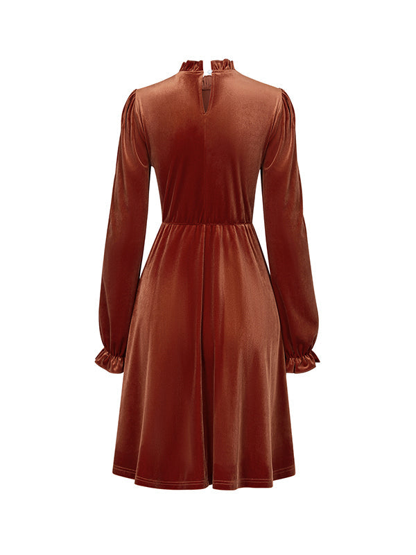 Hollow Ruffled Solid Color Velvet A-Line High Waisted Mock Neck Mini Dresses