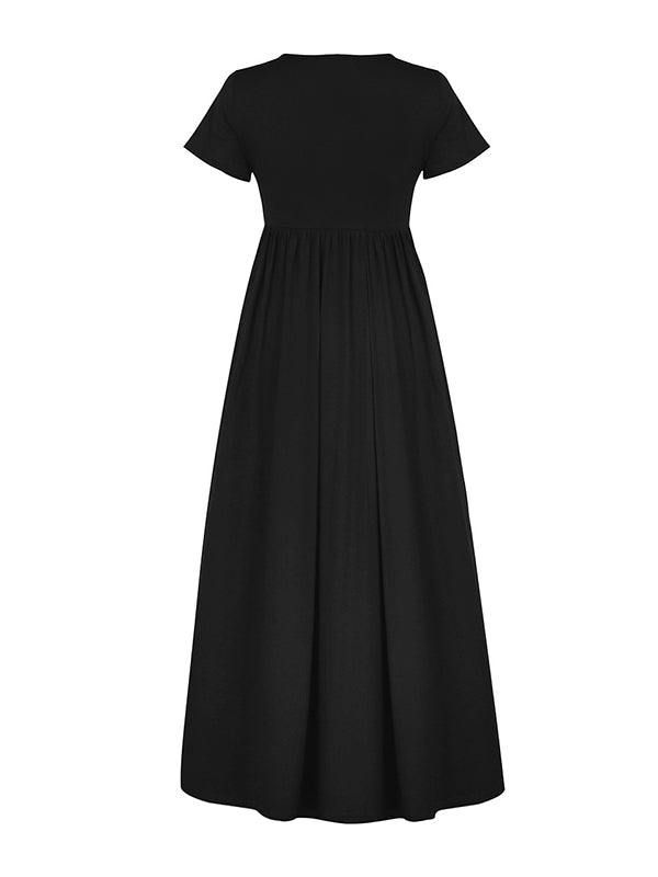 Pleated Pockets Solid Color Split-Joint High Waisted Short Sleeves Round-Neck Maxi Dresses