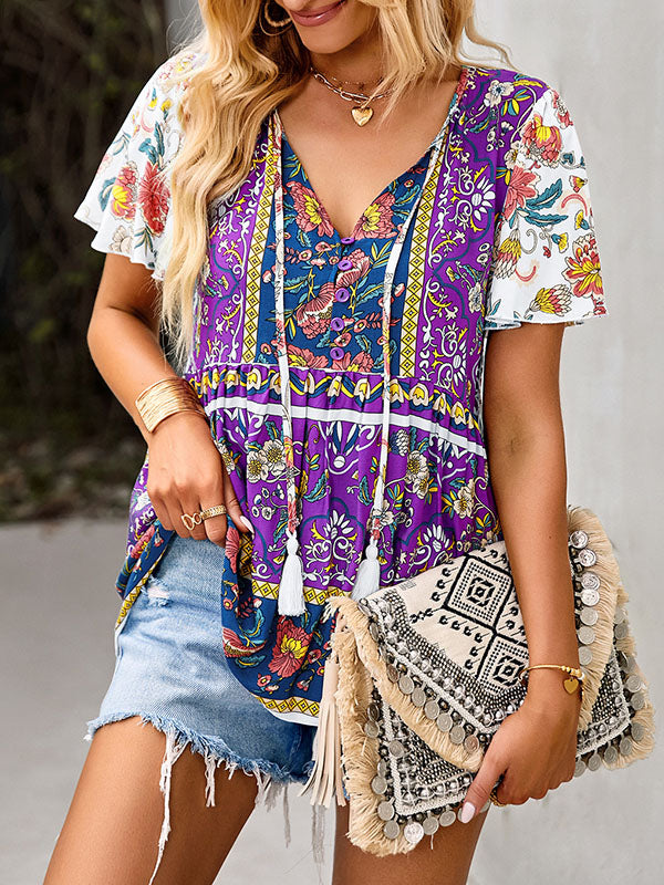 Buttoned Flower Print Split-Joint Tasseled Tied Loose Short Sleeves V-Neck T-Shirts Tops