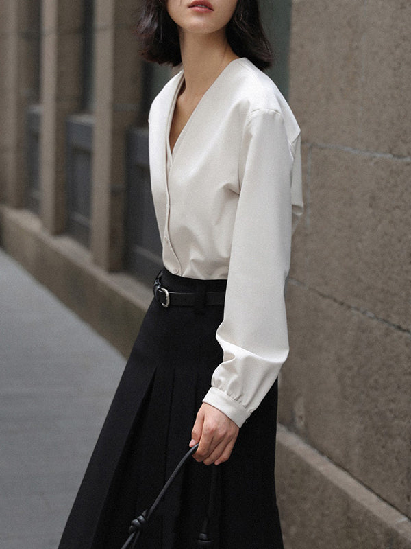 Buttoned Solid Color False Two Long Sleeves V-Neck Blouses&Shirts Tops