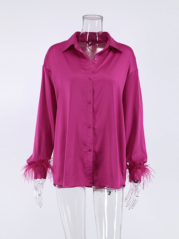 Loose Wrap Feathers Solid Color Split-Joint Lapel Collar Blouses&Shirts Tops