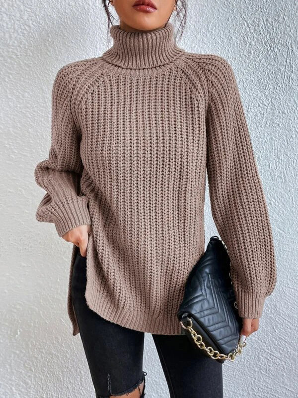 Solid Color Split-side Long Sleeves Loose High Neck Sweater Tops Pullovers