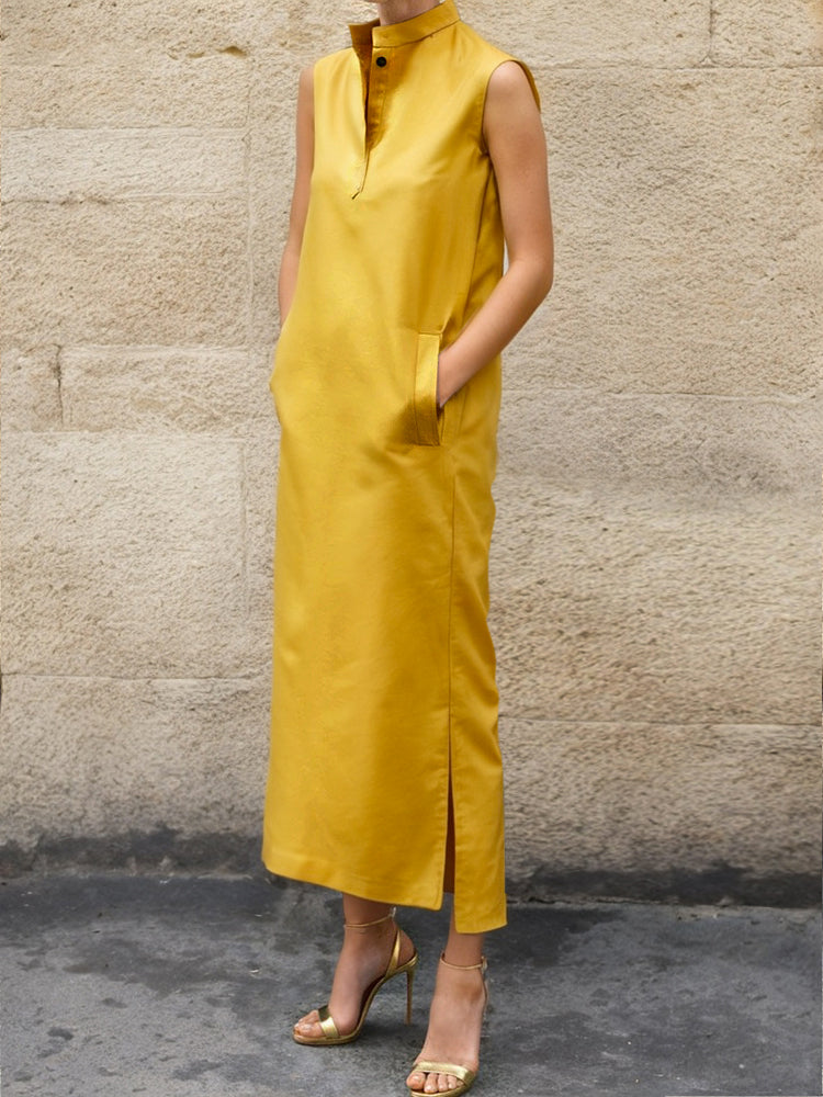 Solid Color Split-Side Sleeveless Lapel Shirt Dress Midi Dresses
