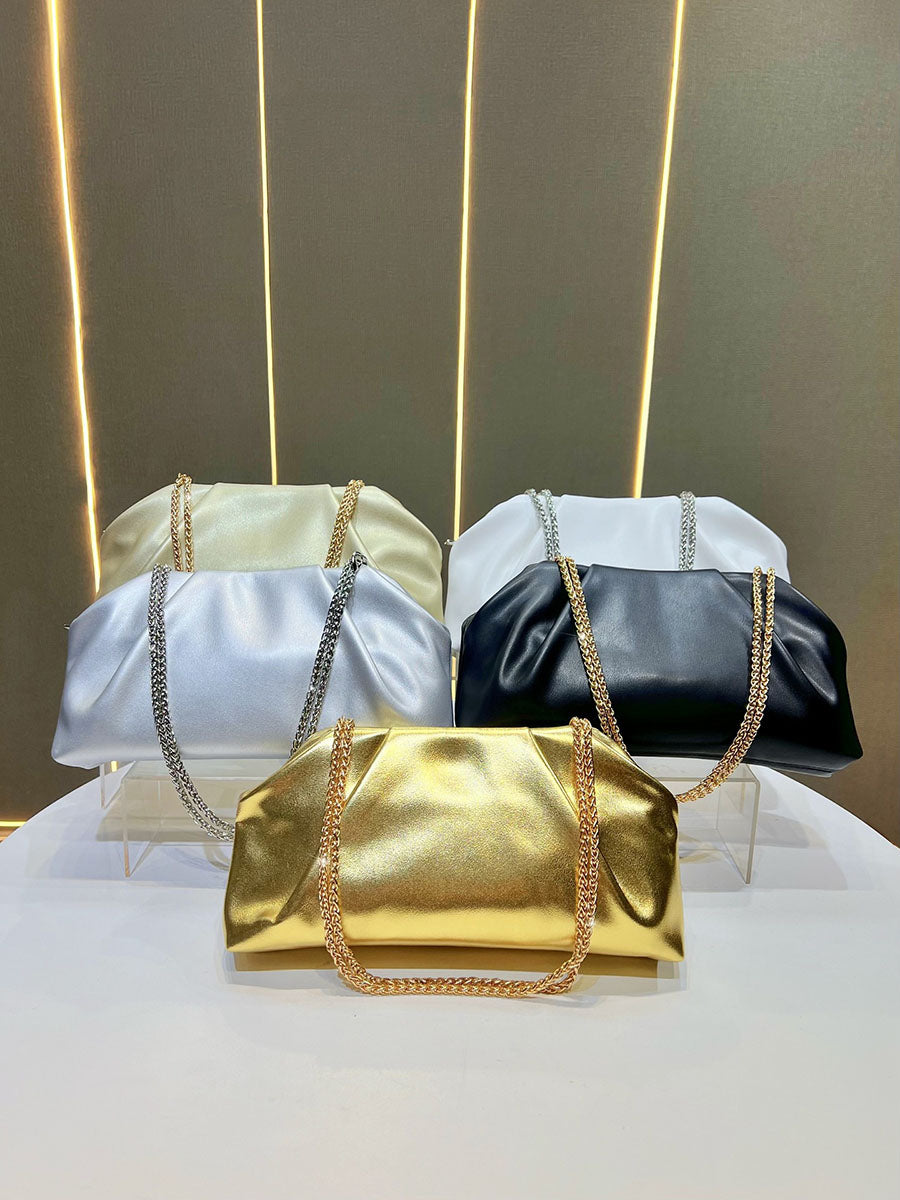 Chains Pleated Solid Color Zipper Shoulder Bags Evening Bags & Clutches