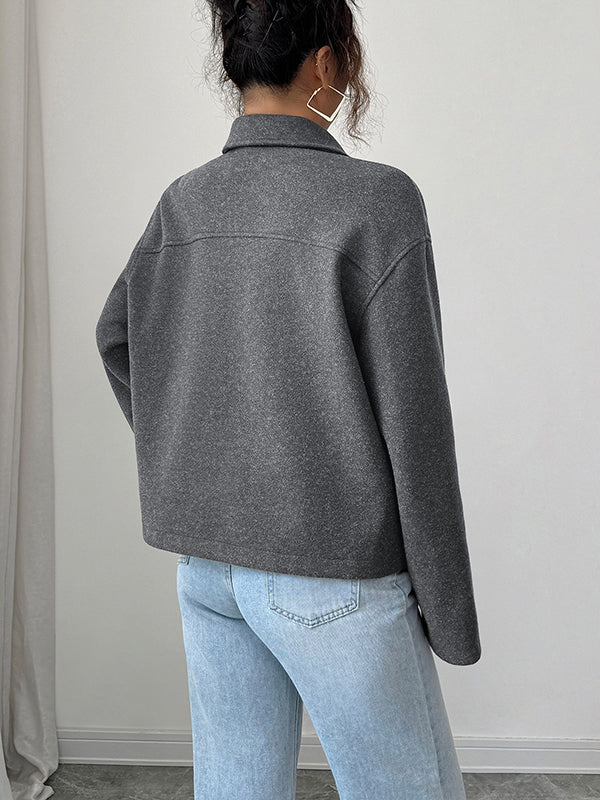 Solid Color Zipper Long Sleeves Loose Lapel Outerwear