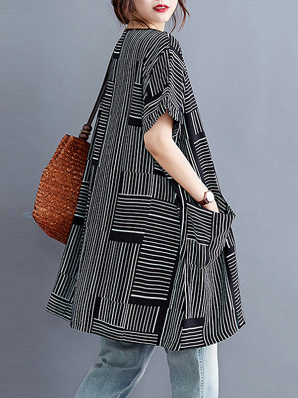 Plaid Striped Loose Short Sleeves Round-Neck T-Shirts Tops