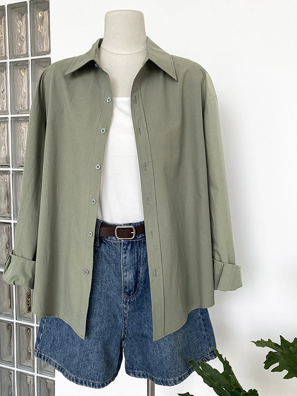 Simple Loose Long Sleeves Buttoned Solid Color Lapel Collar Blouses&Shirts Tops