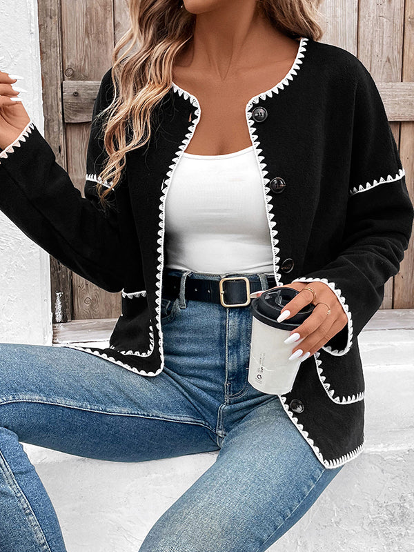 Buttoned Contrast Color Pockets Split-Joint Long Sleeves Loose Round-Neck Cardigan Tops