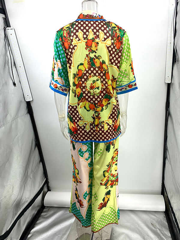 Contrast Color Floral Printed Loose Short Sleeves Lapel Shirt Top&Pants Two Pieces Set