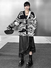 Abstract Printed Buttoned Contrast Color Pockets Split-Joint Long Sleeves Loose Collarless Outerwear Cardigan Tops