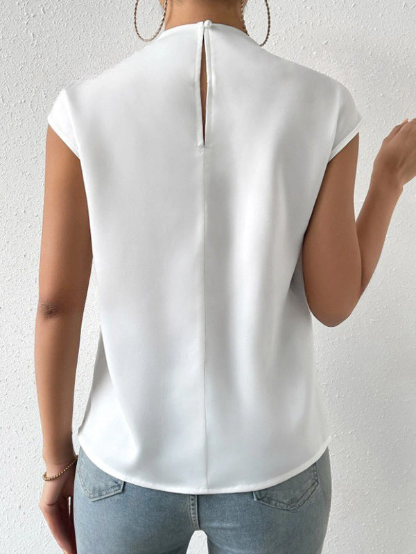 Hollow Pleated Solid Color Loose Sleeveless Mock Neck T-Shirts Tops
