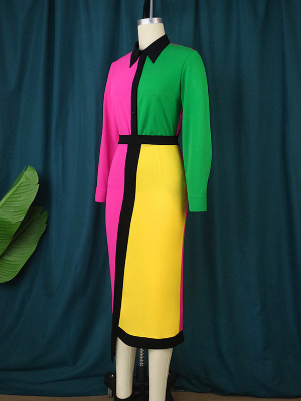 Asymmetric Buttoned Contrast Color Split-back High Waisted Long Sleeves Lapel Midi Dresses