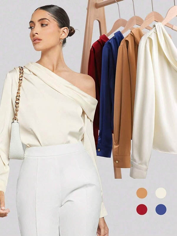 Pleated Solid Color Split-Joint Long Sleeves Skinny One-Shoulder Blouses&Shirts Tops