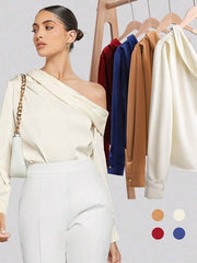 Pleated Solid Color Split-Joint Long Sleeves Skinny One-Shoulder Blouses&Shirts Tops