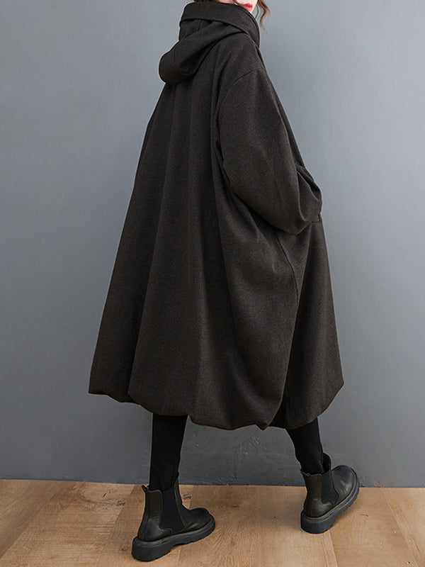 Buttoned Pockets Solid Color High-Low Long Sleeves Hooded Woolen Coat