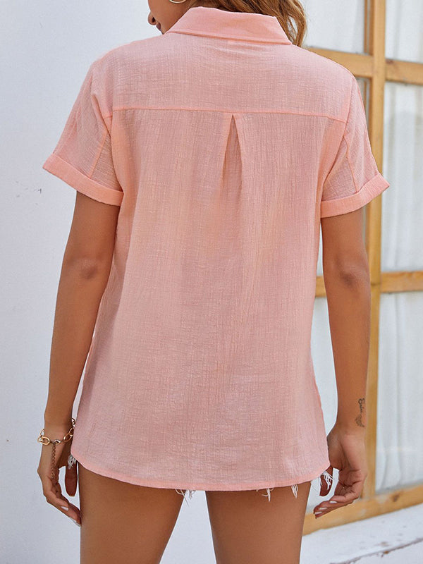 Pleated Loose Short Sleeves Lapel Blouses&Shirts Tops