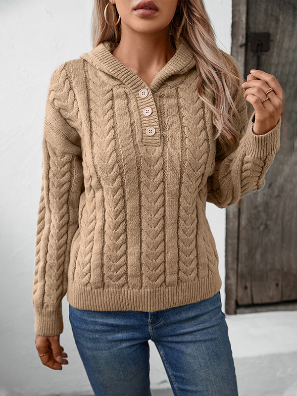 Buttoned Solid Color Split-Joint Hooded Long Sleeves Sweater Tops