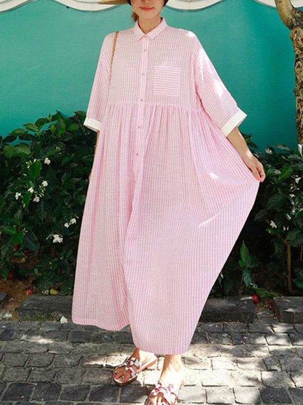 Buttoned Pleated Pockets Split-Joint Striped A-Line Half Sleeves Lapel Maxi Dresses