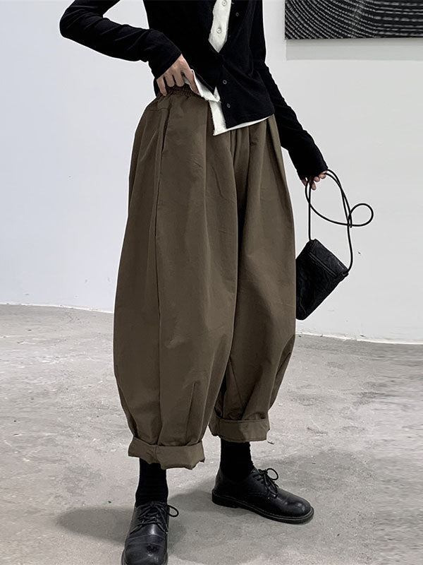 Elasticity High-Waisted Pleated Solid Color Split-Joint Harem Pants Loose Trousers Pants