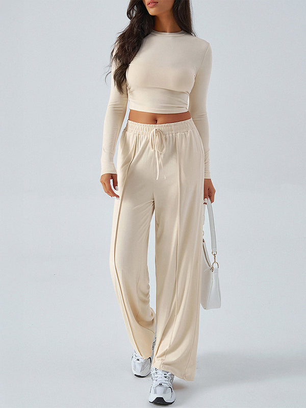 Round-Neck Long Sleeves Loose Solid Color T-shirt Top + Drawstring Elasticity Pockets Pants Bottom Two Pieces Set