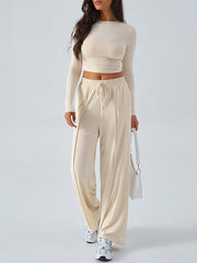 Round-Neck Long Sleeves Loose Solid Color T-shirt Top + Drawstring Elasticity Pockets Pants Bottom Two Pieces Set