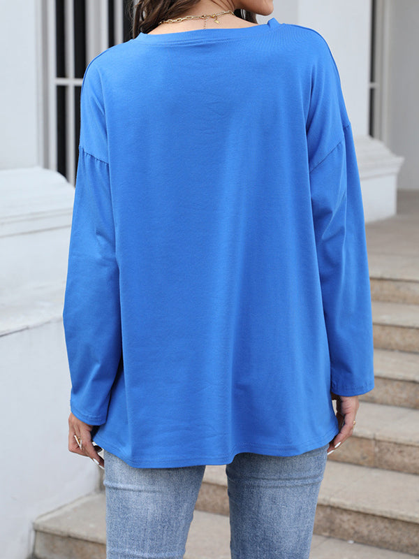 See-Through Solid Color Split-Joint Long Sleeves Loose V-neck T-shirts
