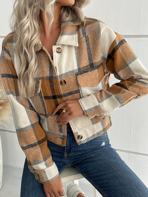 Buttoned Plaid Pockets Split-Joint Long Sleeves Loose Lapel Outerwear Jackets