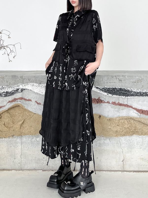 Lace-Up Printed Split-Joint Tiered False Two High-low Lapel Blouses&shirts Tops