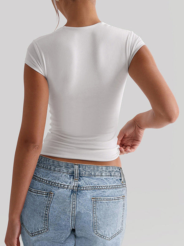 Solid Color Short Sleeves Skinny Square-Neck T-Shirts Tops