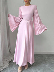 Pleated Solid Color Flared Sleeves Long Sleeves Round-Neck Maxi Dresses