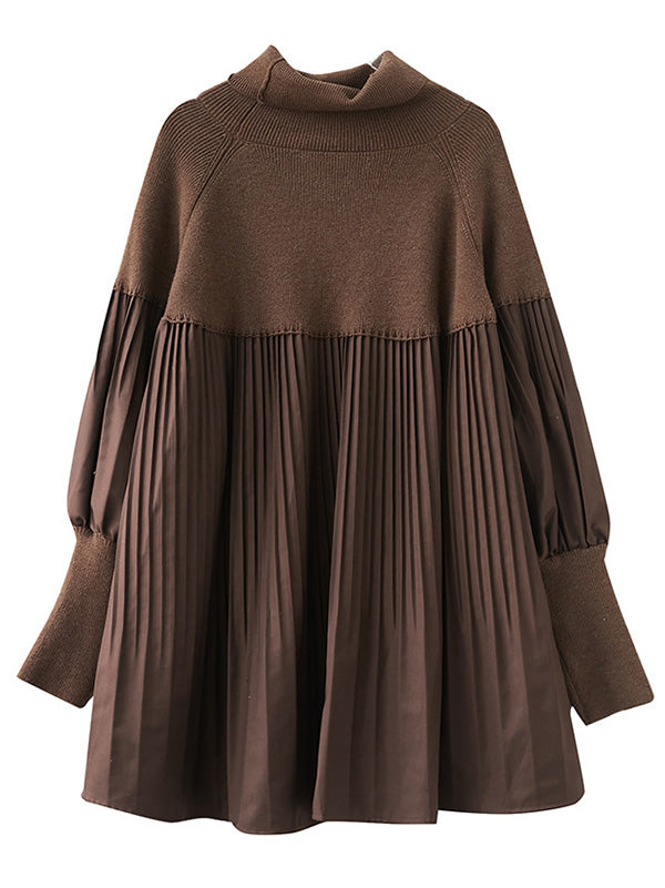 Knitting Pleats Split-Joint High-Neck Pullover Top