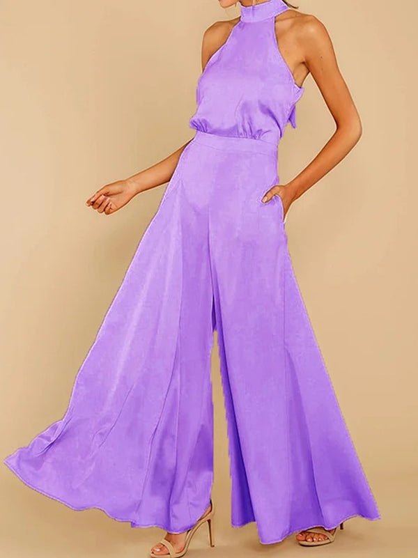 Pockets Solid Color Tied Zipper Loose Sleeveless Halter-Neck Jumpsuits