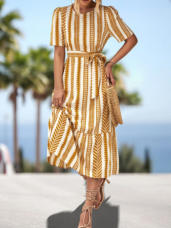 Split-Joint Striped Tied Waist A-Line Loose Round-Neck Midi Dresses
