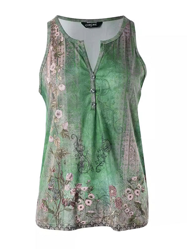 Buttoned Flower Print Loose Sleeveless V-Neck Vest Top
