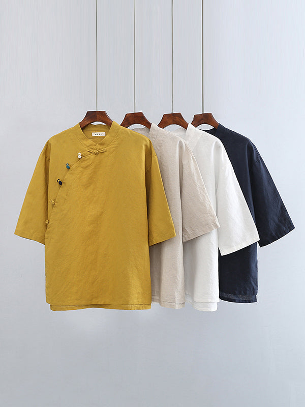 Artistic Retro Loose Half Sleeves Buttoned Contrast Color Stand Collar Blouses&Shirts Tops