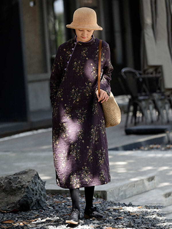 Vintage Loose Printed Keep Warm Velvet Midi Dress Long Cheongsam