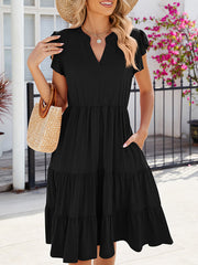 Pleated Pockets Solid Color Split-Joint Loose Ruffle Sleeves V-Neck Midi Dresses