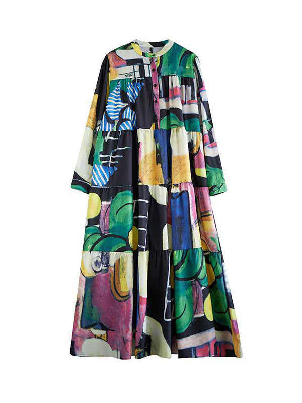 Buttoned Printed Split-Joint Long Sleeves Loose Round-Neck Midi Dresses