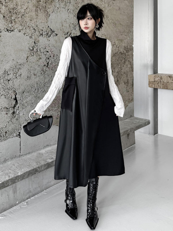 Asymmetric Buttoned Solid Color Split-Joint Irregularity Loose High Neck Midi Dresses