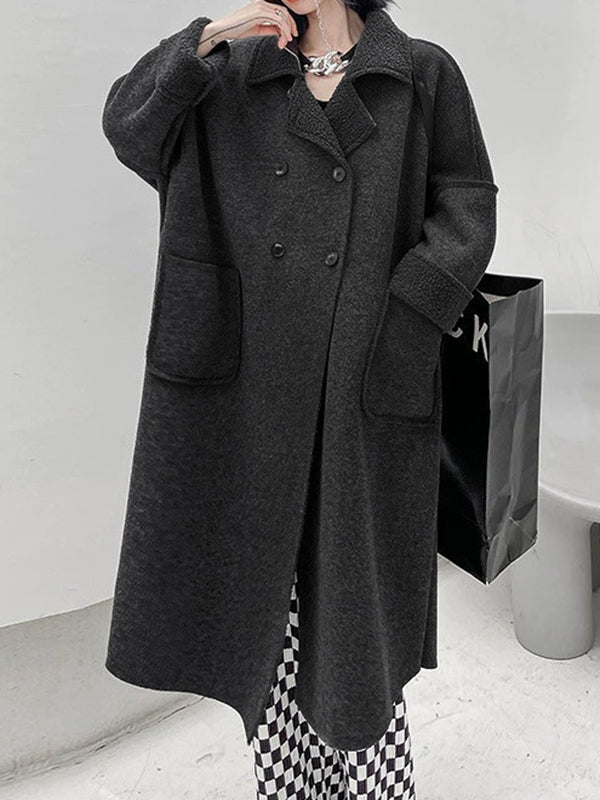 Buttoned Pockets Solid Color Velvet Long Sleeves Loose Lapel Woolen Coat