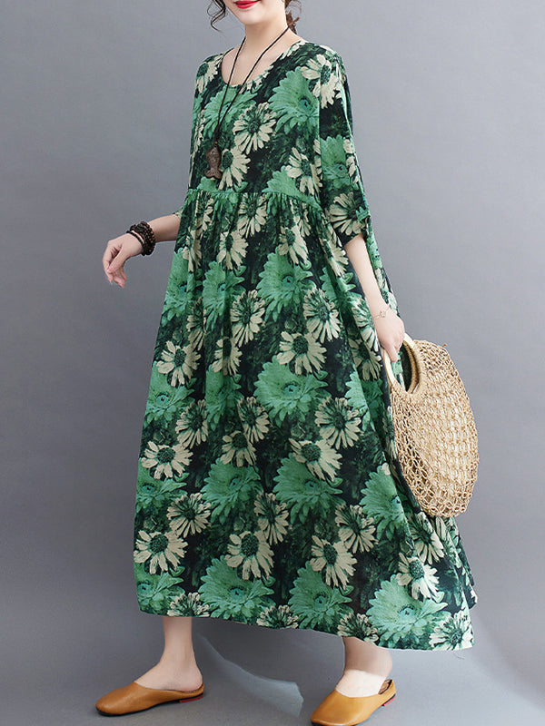 Floral Printed Pleated Split-Joint Loose Raglan Sleeve Round-Neck Midi Dresses
