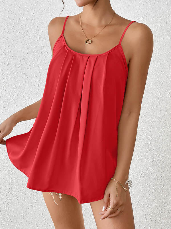 Pleated Solid Color Loose Sleeveless Spaghetti-Neck Vest Top
