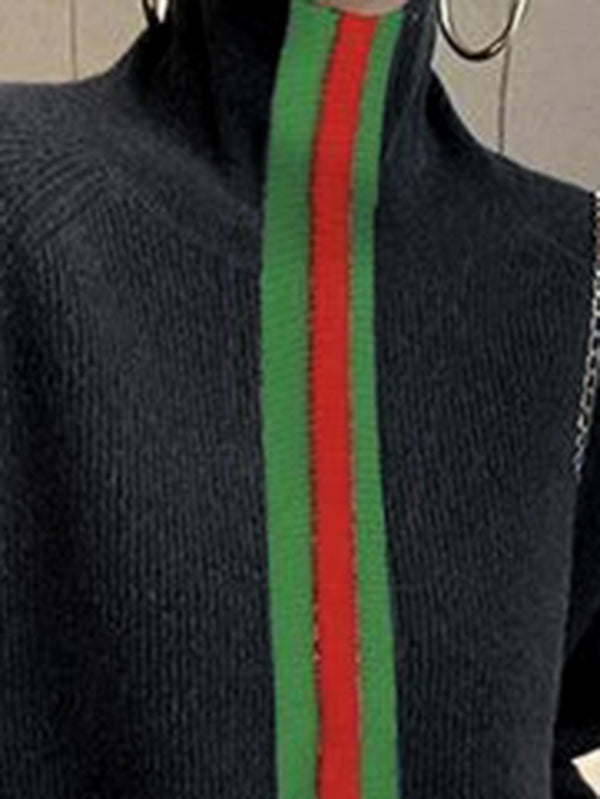 Split-Joint Striped Long Sleeves Loose High Neck Sweater Tops