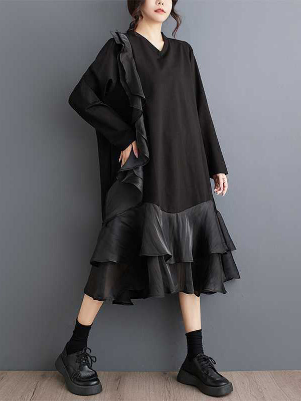 Contrast Color Pockets Ruffle Trim Split-Joint A-Line Long Sleeves V-Neck Midi Dresses