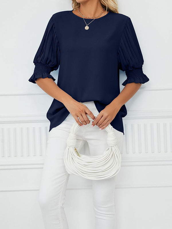 Pleated Solid Color Loose Puff Sleeves Round-Neck T-Shirts Tops