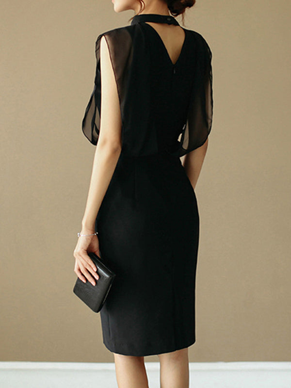 Gauze Hollow See-Through Split-Joint Zipper Loose Sleeveless Stand Collar Midi Dresses Evening Dresses