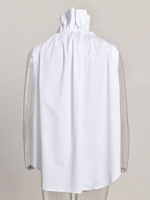 Buttoned Drawstring Pleated Solid Color Loose Sleeveless Stand Collar Vest Top